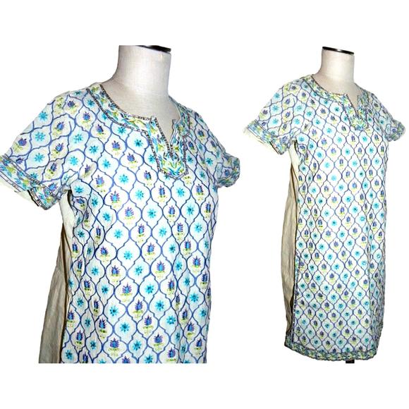 VTG Sequin Sari Top Boho Indian Tunic Dress Aqua / Cream | S/M - Picture 1 of 6